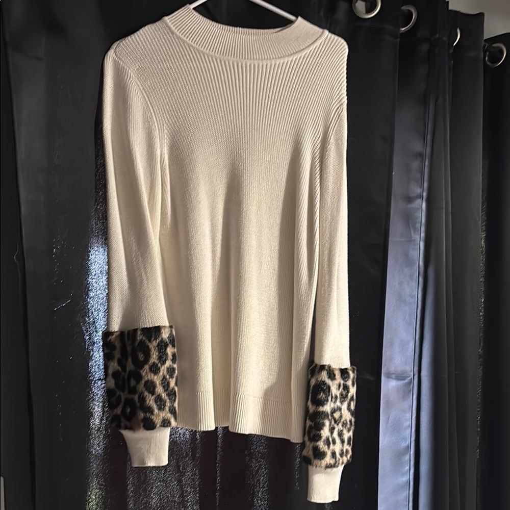 Michael Kors Cream Sweater with Leopard Print Accents